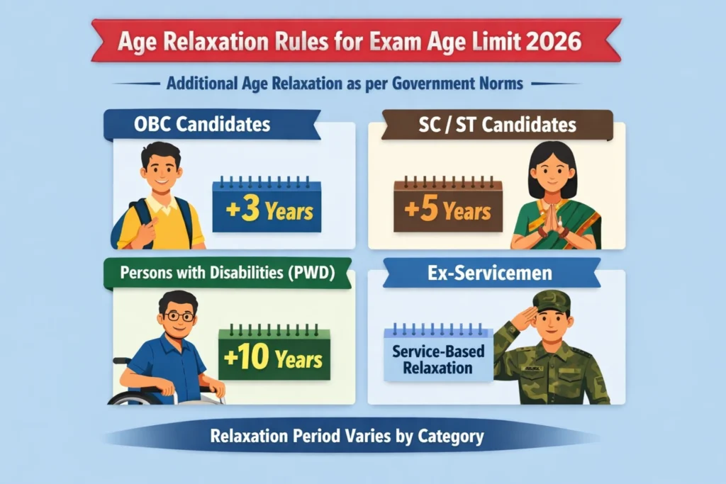 Age relaxation rules for exam age limit 2026 showing OBC SC ST PWD and Ex-Servicemen categories