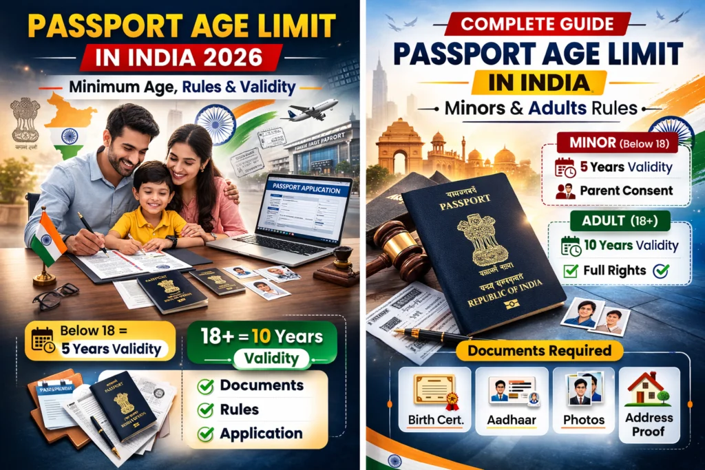 Passport Age Limit in India infographic showing minor and adult passport validity and documents
