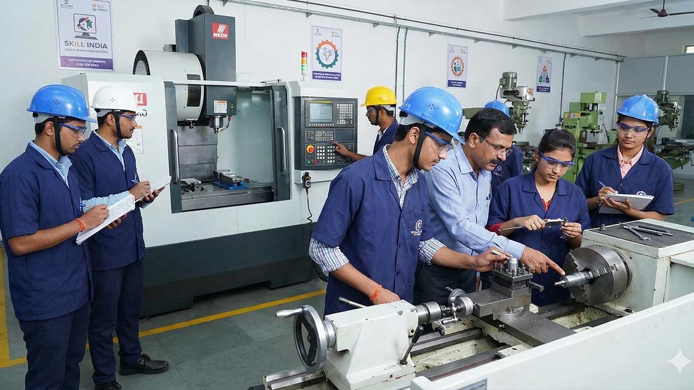 Apprenticeship trainees learning practical machine skills in an India workshop
