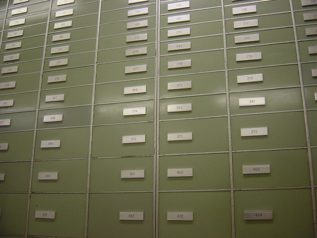 Safe deposit boxes inside a bank vault