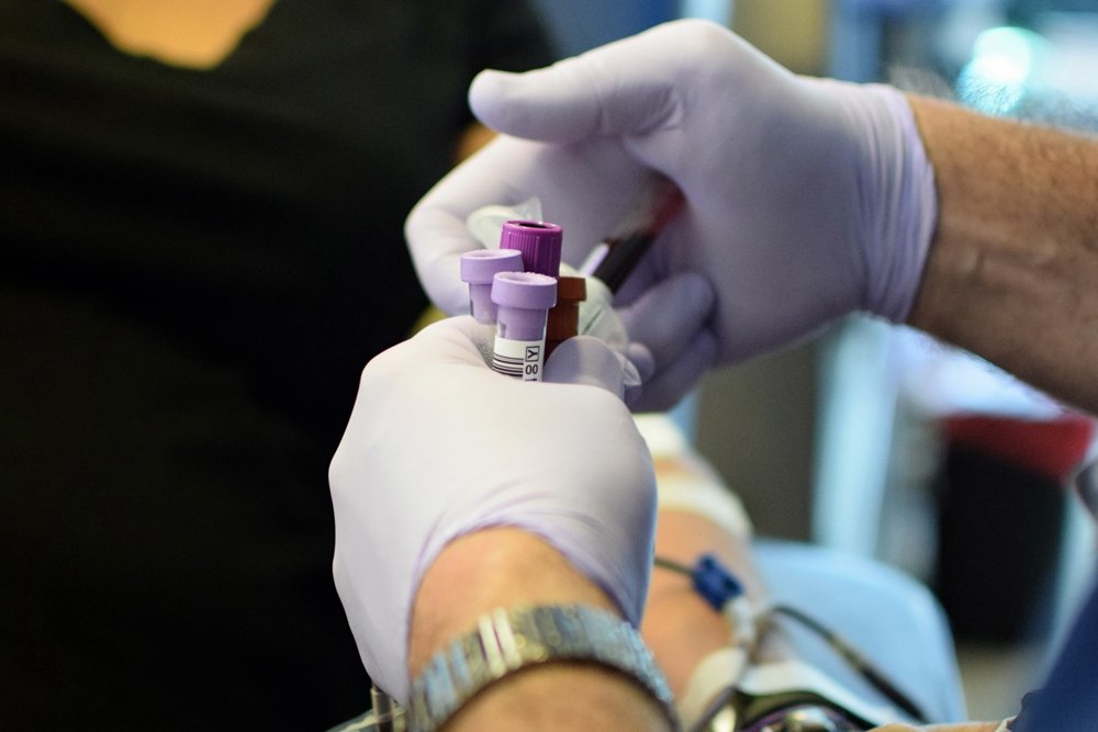 Test tubes containing blood during a blood donation drive