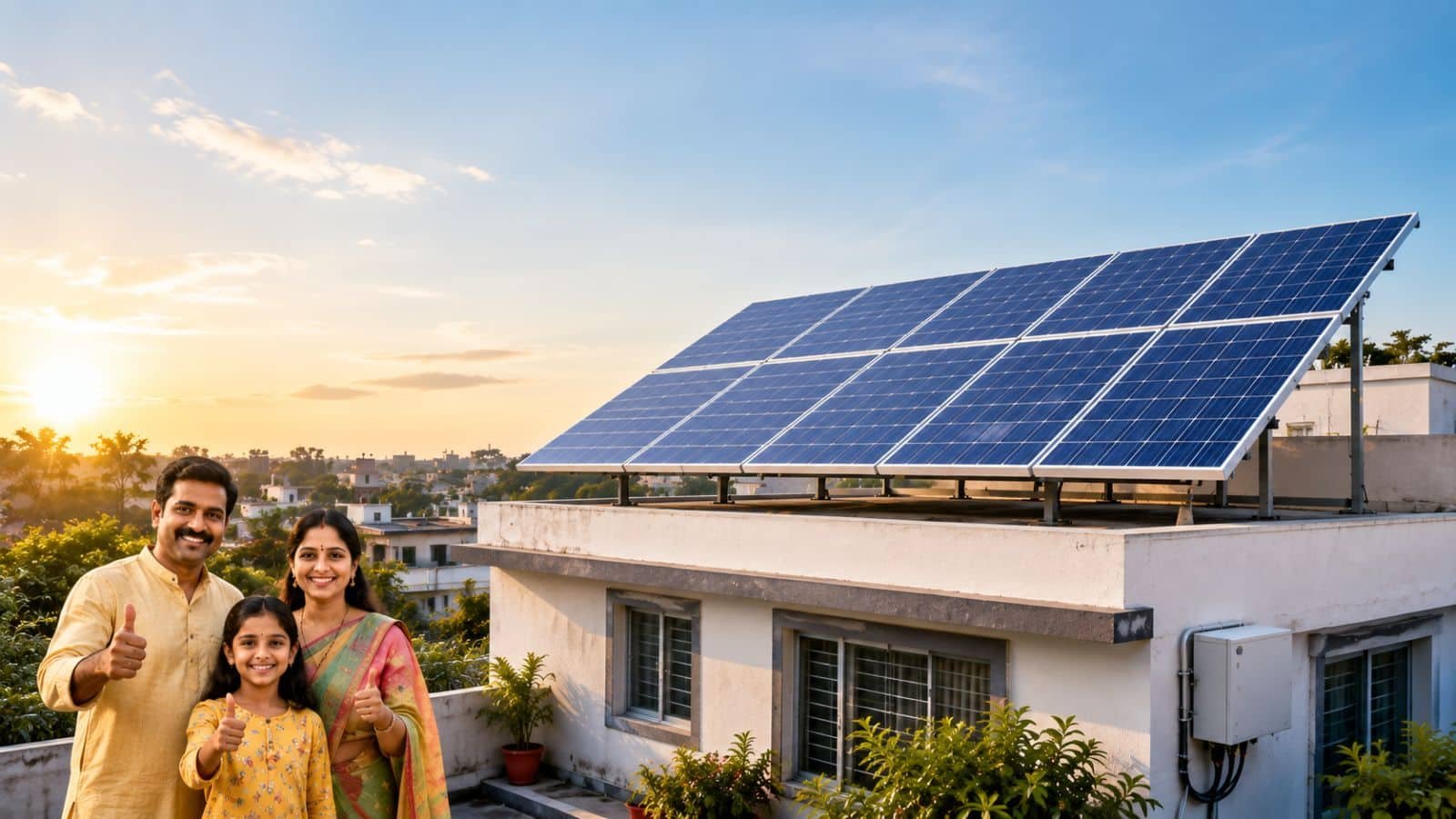 Indian family beside rooftop solar panels under PM Surya Ghar