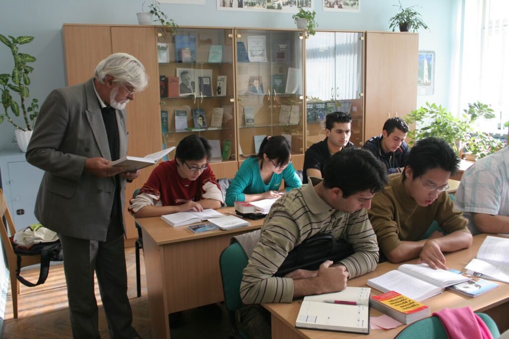 Students studying at a university library