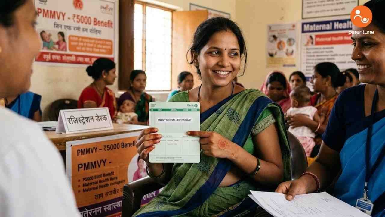 Woman receiving PMMVY maternity benefit card at a registration desk