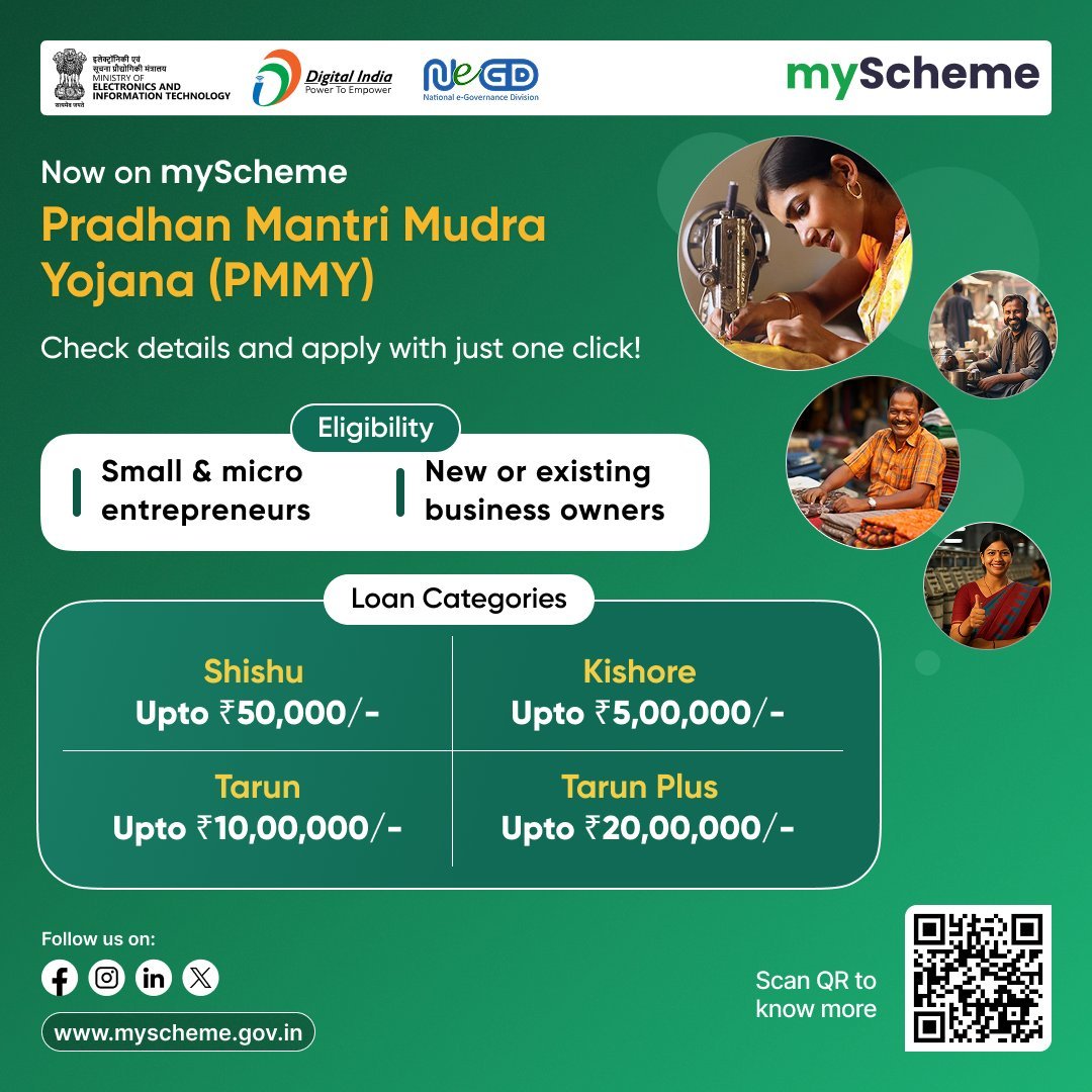 myScheme graphic showing Shishu Kishore Tarun and Tarun Plus PMMY loan categories