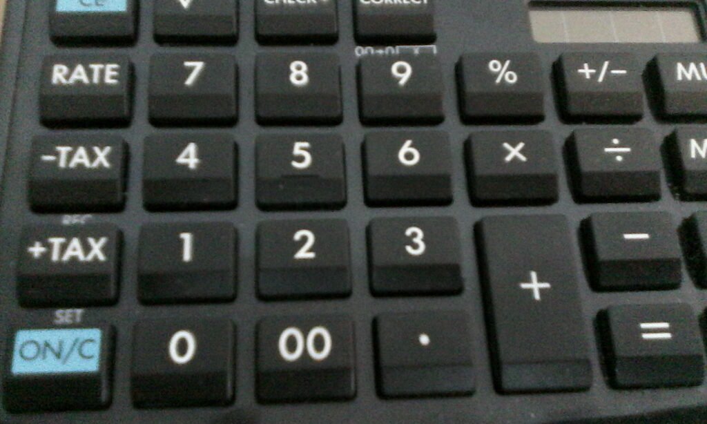 Calculator and paperwork representing income tax calculation