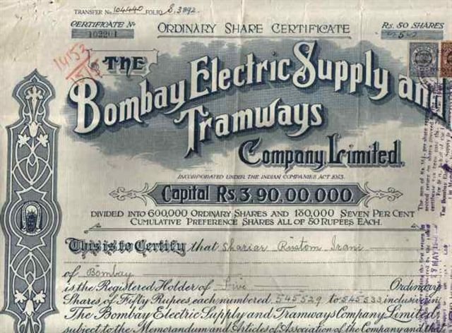 Historical Indian share certificate illustrating company share ownership