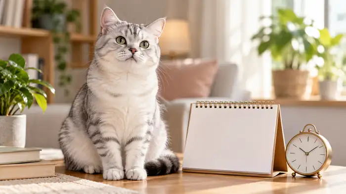 Silver tabby cat beside a blank calendar and clock, representing cat age conversion.