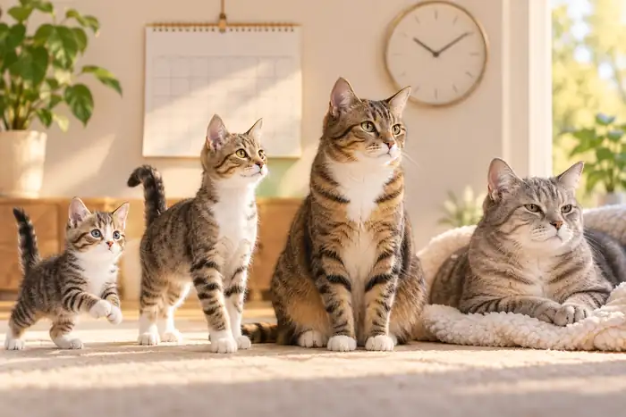 Four cats at different life stages illustrate the cat age calculator chart.