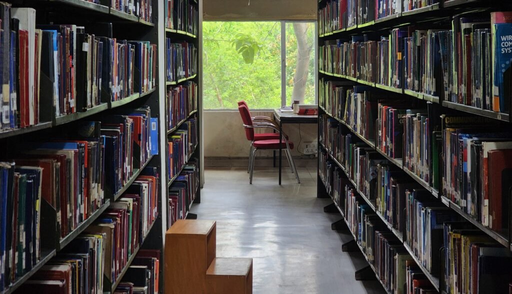 Rows of bookshelves inside the Central Library at IIT Delhi