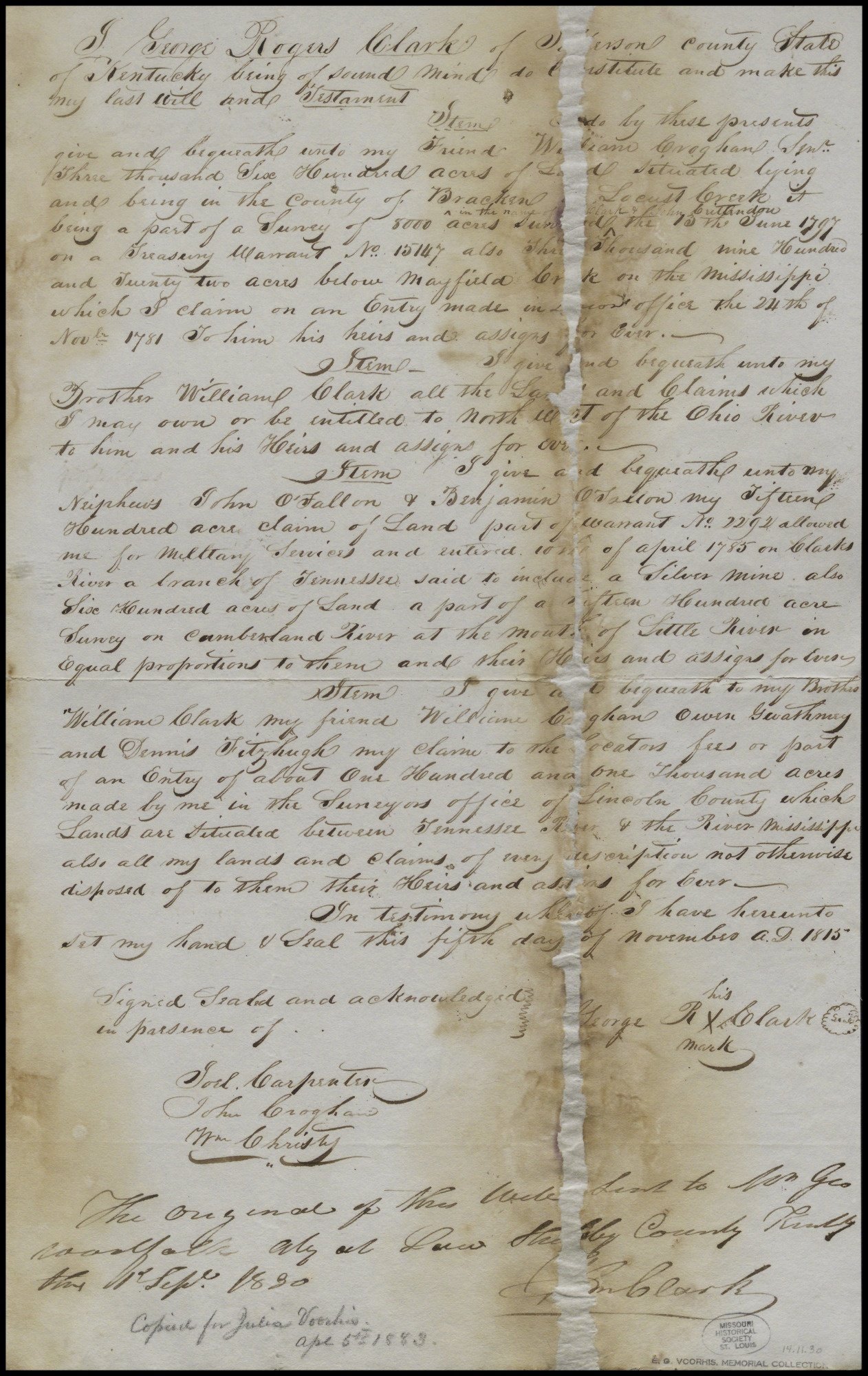 Historical handwritten last will and testament document with signatures