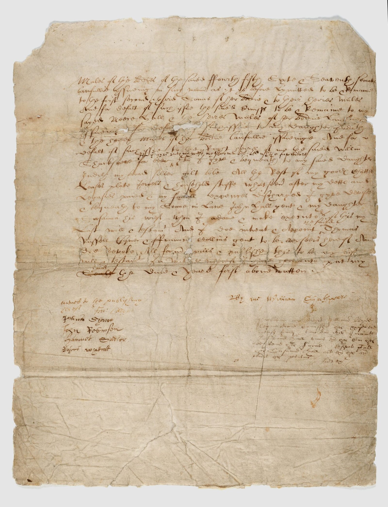 Historical handwritten testament manuscript showing signatures and attestation text